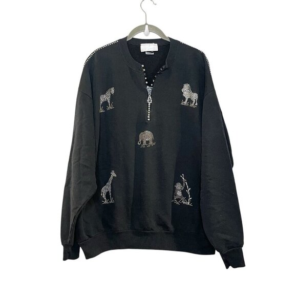 Vintage 80s 90s Rhinestone Zoo Animal 1/4 Zip Black Sweatshirt Bling Elephant L‎ - Picture 1 of 7